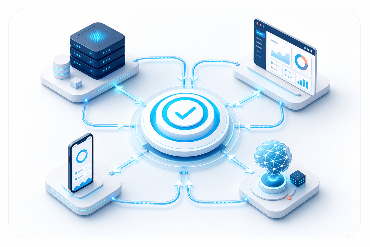Server, web, mobile, and intelligent automation layers connected to one shared business outcome