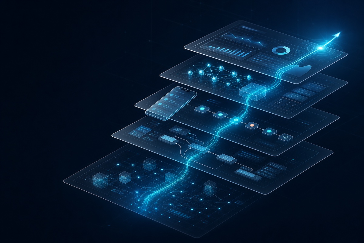 Layered web, mobile, data, and automation interfaces connected by one continuous software workflow